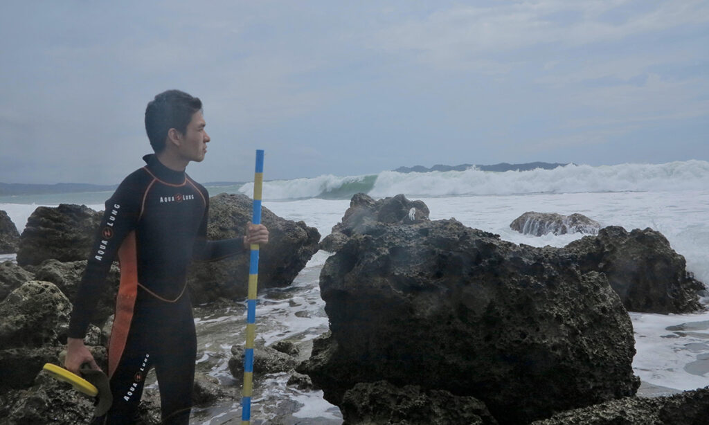 A researcher stands on a boulder-strewn island shore looking at approaching waves that are about a meter high.