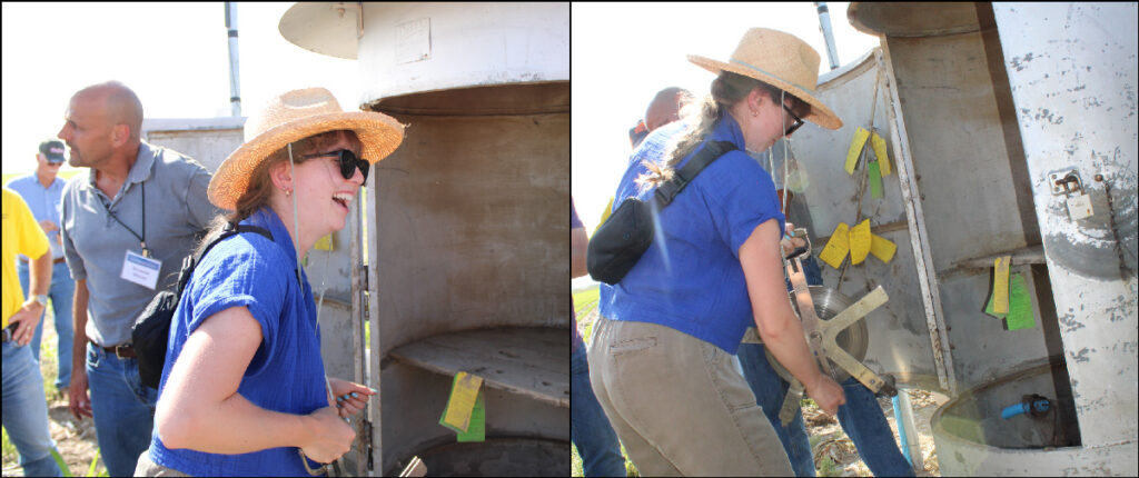Pair of images showing a woman smiling and lowering a measuring tape down a well.