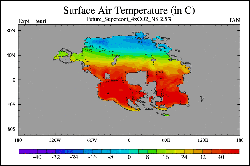 A gif demonstrating how Pangea Ultima’s temperatures could change throughout the year, with temperatures of more than 40°C dominating the planet for most of the year.