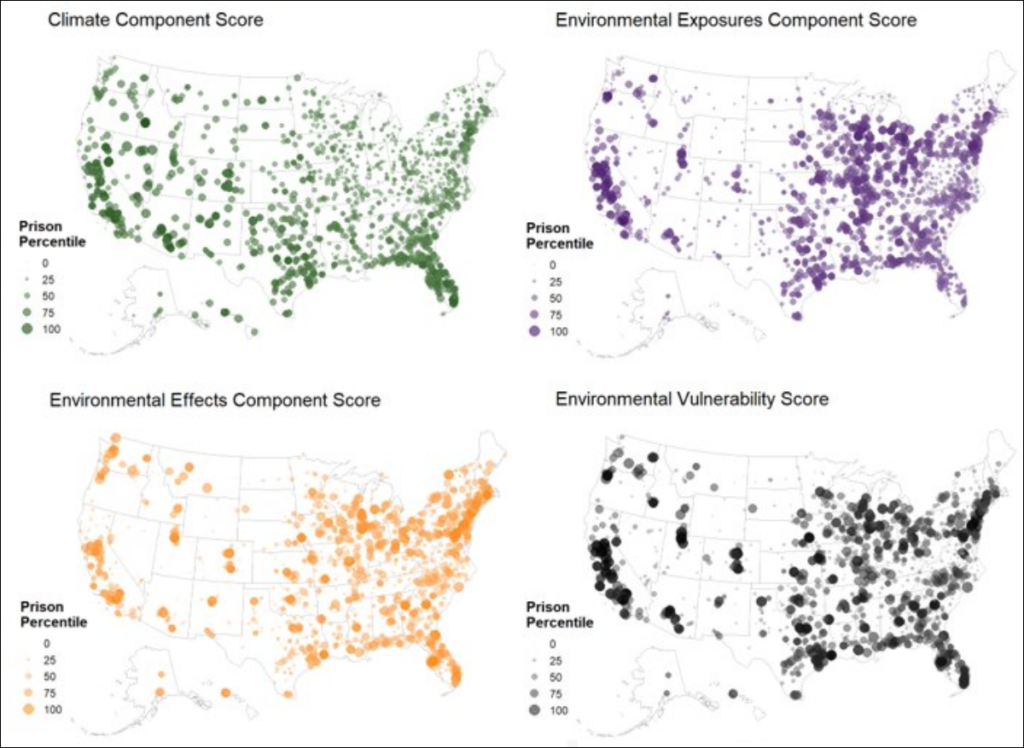 A four-panel graph showing maps of the United States with dots indicating the locations of prisons scored on three environmental metrics and an overall environmental vulnerability score.