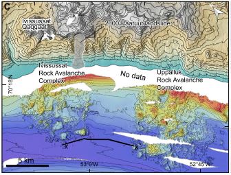 Combined
topographic and bathymetric digital elevation model (DEM) for a part of the field site of Svennevig et al. (2023), showing two giant, ancient rock avalanches.