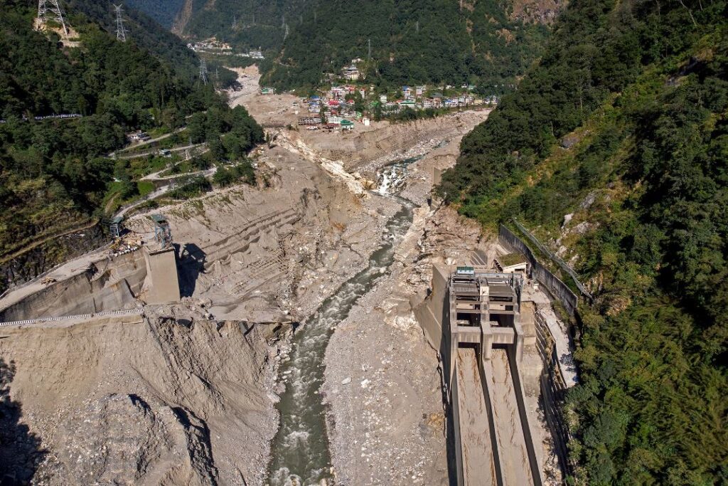 Drone image from the site of the Teesta III dam in Sikkim, looking towards Chungthang town.