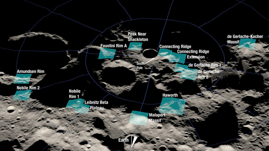 Thirteen teal boxes on the surface of the lunar south pole represent candidate landing sites.