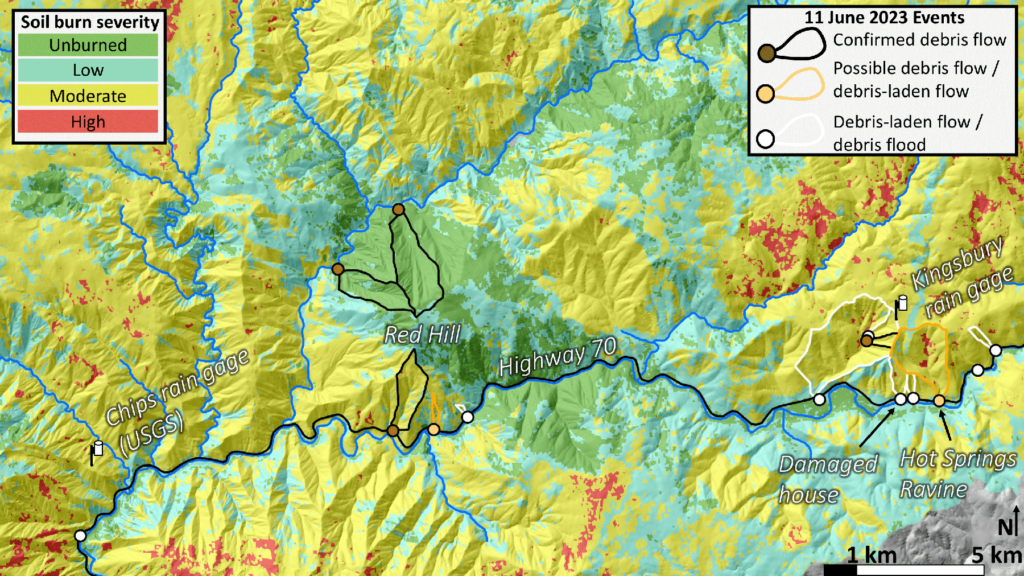 A shaded relief map shows the soil burn severity resulting from the 2021 Dixie Fire, as well as areas that experienced debris flows, in a portion of the Northern California Sierra Nevada.