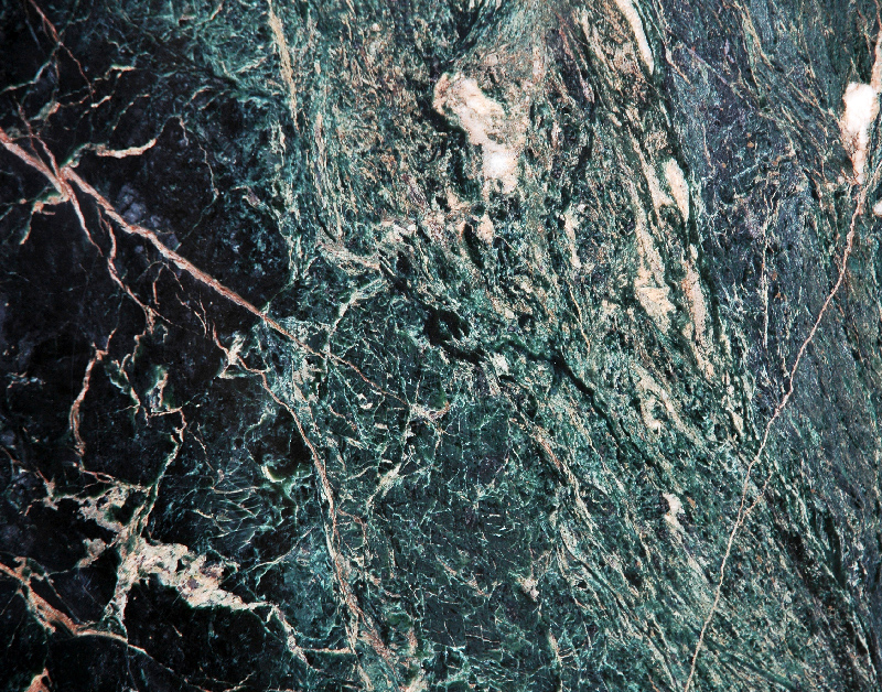 Close-up view of a specimen of dark green–colored serpentinite rock with white veins of mineralized carbonate running through it