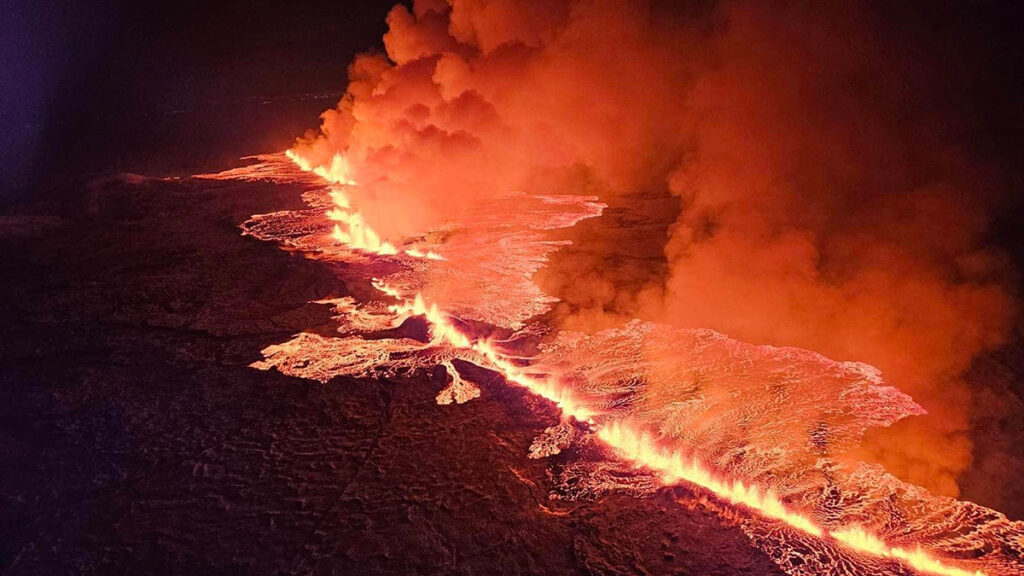 Lava flows from a volcanic fissure in Iceland.