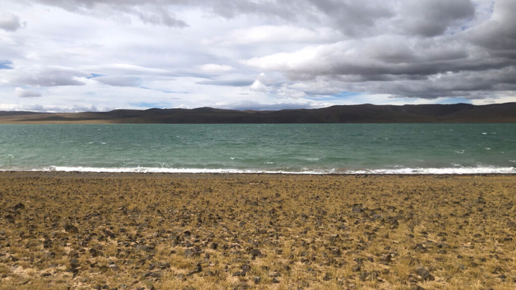 In this photograph of Jiang Co, a cloudy sky casts shadows over low hills in the background while the lake water, in the midground, features gray-blue-green tones. Spiky tufts of brown grass grow on the shores in the foreground, with dark angular cobbles studding reddish sand.