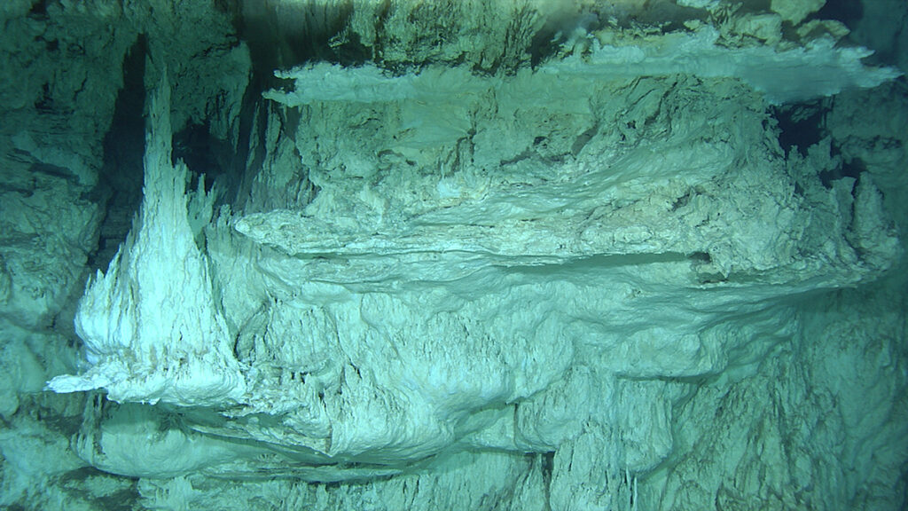 Close-up view of light-colored, underwater hydrothermal rock formations
