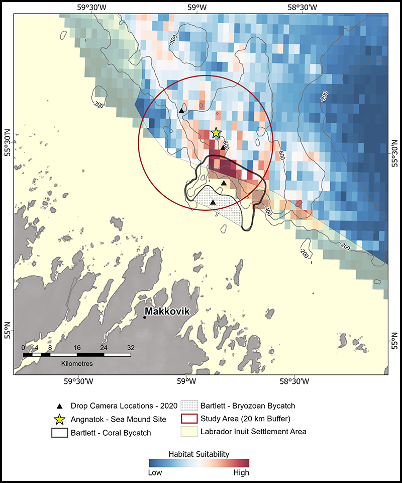Map of the Labrador Sea with several locations marked, including a seamount site, the coral bycatch site and several drop camera sites. The sea is colored blue and red according to coral habitat suitability with red marking the most suitable.