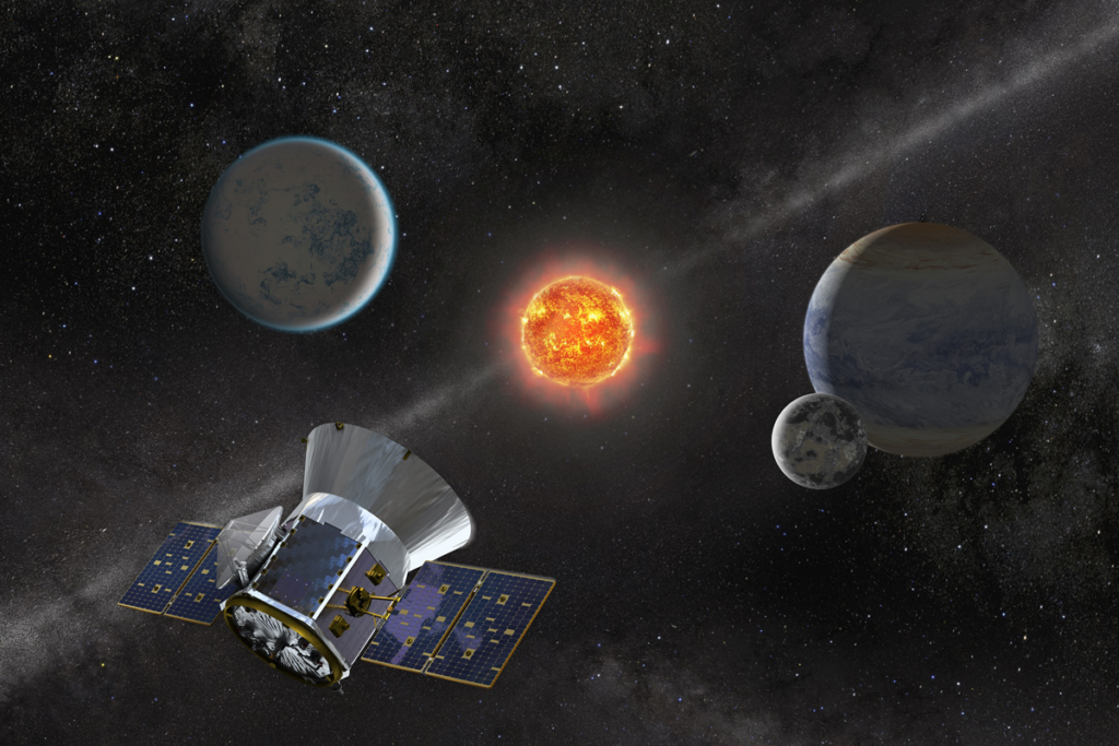 A barrel-shaped spacecraft with solar “wings” and a silver cone is shown in front of an orange star and a hypothetical exoplanet.