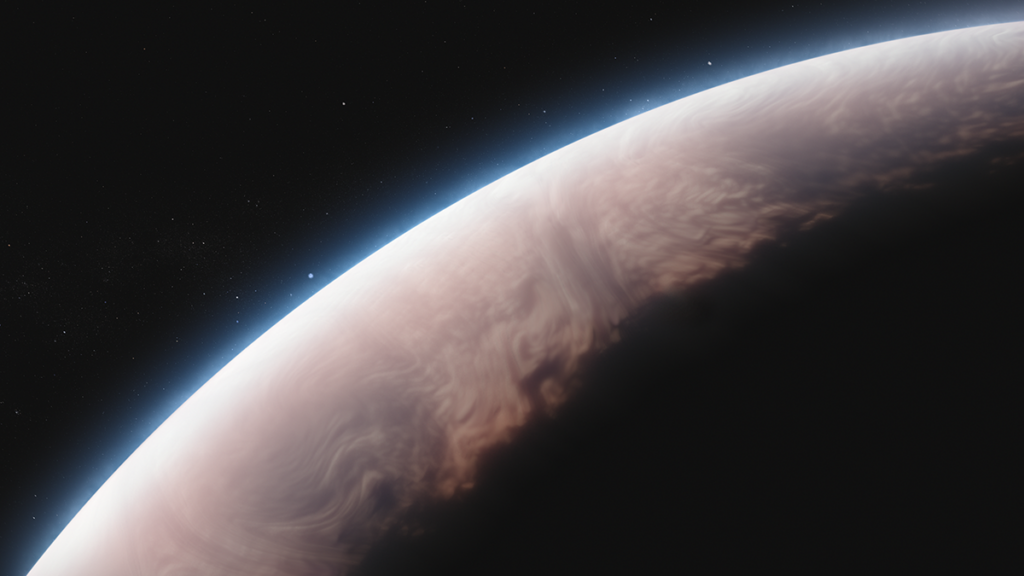 A portion of a cream-colored planet covered with pale swirls and partially in shadow is shown against the blackness of space broken by pinpoints of light. A hazy atmosphere is visible around the planet.