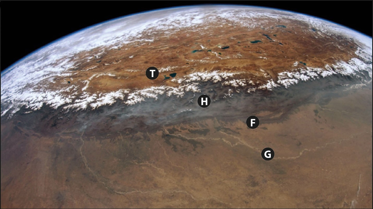 Satellite photo of the Himalayas.