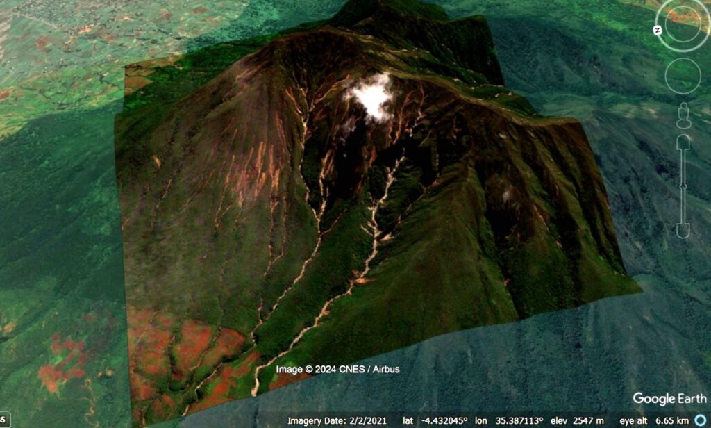 Planet Labs image of the multiple landslides on Mount Hanang in Tanzania, triggered by heavy rainfall on 2-3 December 2023, draped onto the Google Earth DEM. 