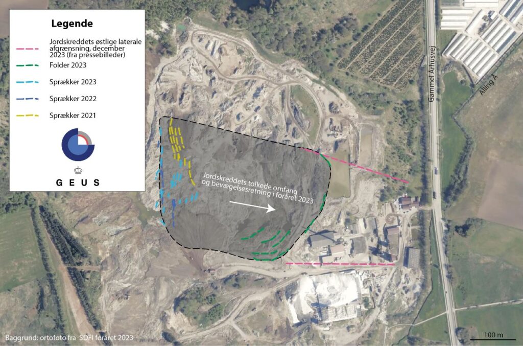 A diagram from the GEUS report that outlines the extent of the Nordic Waste landslide, and the dates at which various landslide features were observed from aerial imagery.