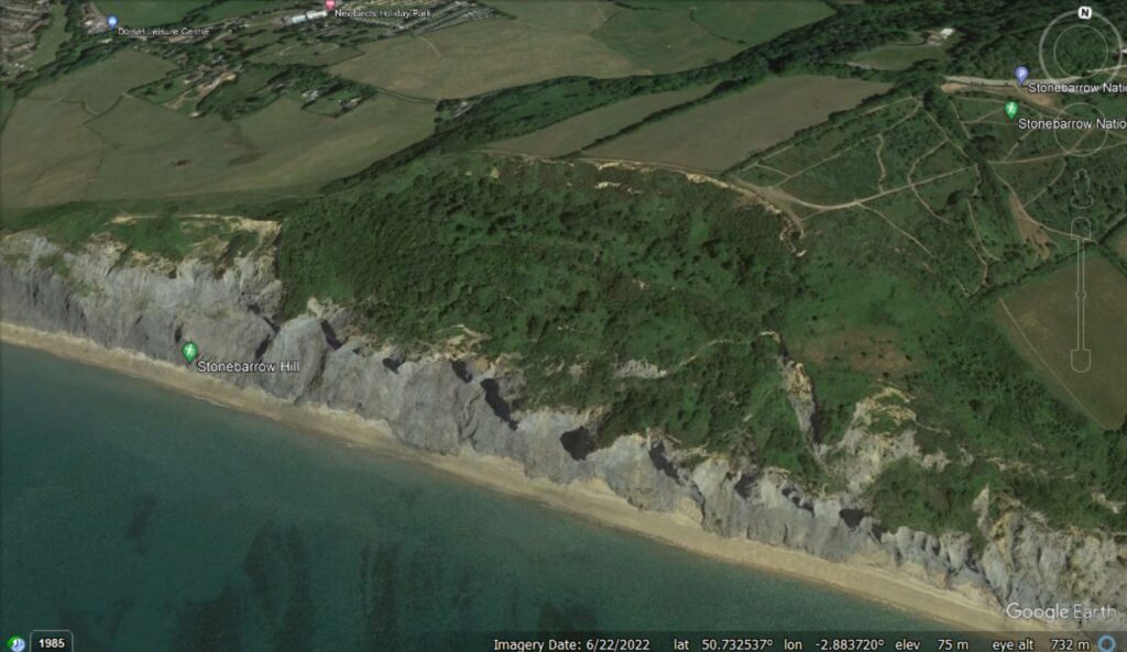 Google Earth image of the Stonebarrow landslide, one of the major Dorset landslide studied by Denys Brunsden.