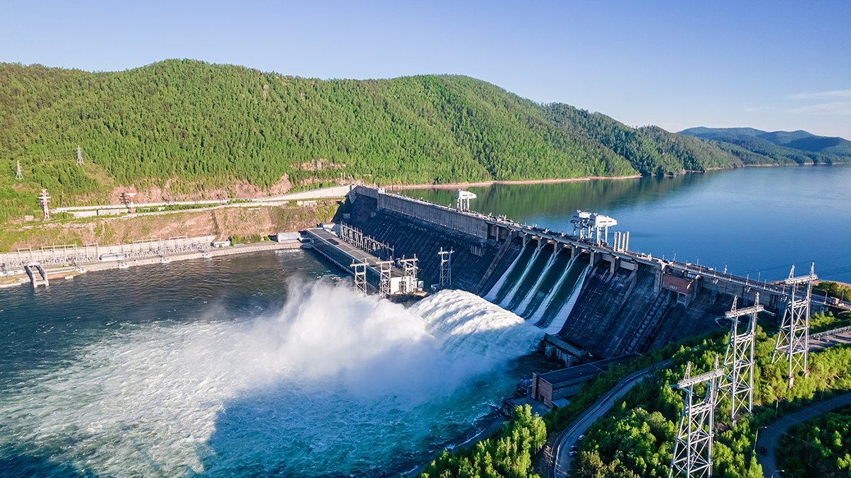 Photo of a large dam in a river.