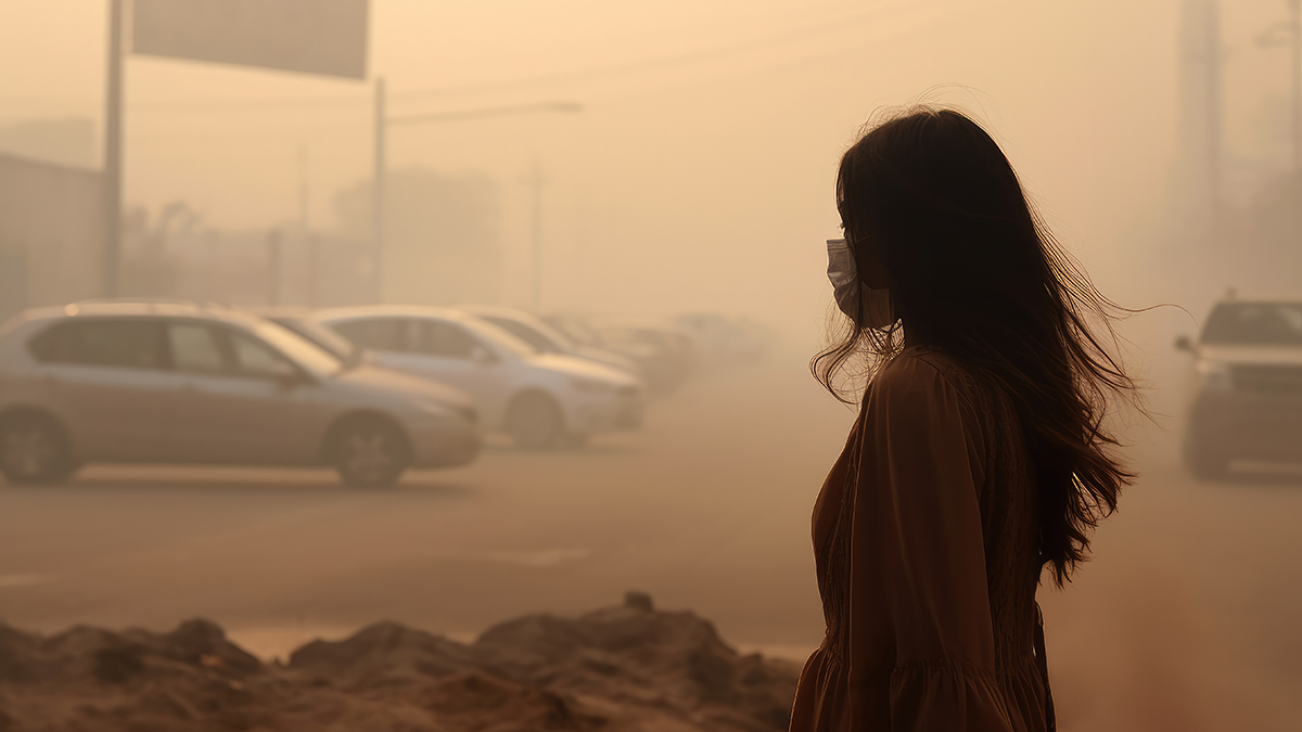 A person with a mask on walking through a smog covered parking lot.