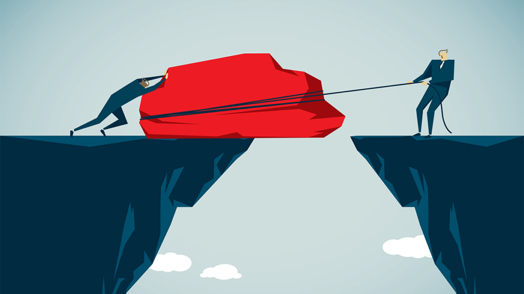 Stylized illustration of two figures pushing and pulling a large rock into place to cover a gap separating two cliffs