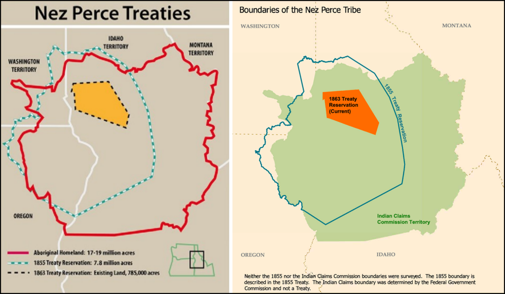 Two maps, side by side. At left is a map titled “Nez Perce Treaties” that shows the current Nez Perce Reservation boundaries as set by the 1863 treaty, previous reservation boundaries set by the 1855 treaty, and a larger area titled “Aboriginal Homeland.” At right is a map titled “Boundaries of the Nez Perce Tribe” that shows the current Nez Perce Reservation boundaries as set by the 1863 treaty, previous reservation boundaries set by the 1855 treaty, and a larger area titled “Indian Claims Commission Territory.”