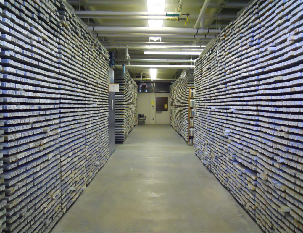 View looking down the aisle between two rows of shelves containing numerous stored sediment cores