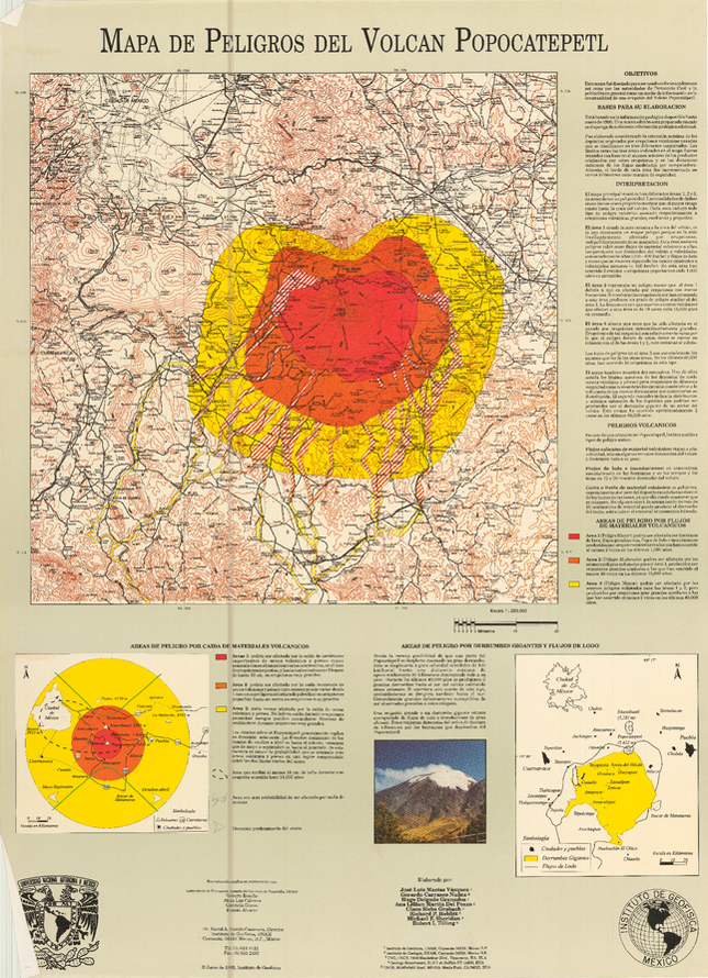 Mapa de 1994 de los peligros en los alrededores del volcán Popocatépetl.