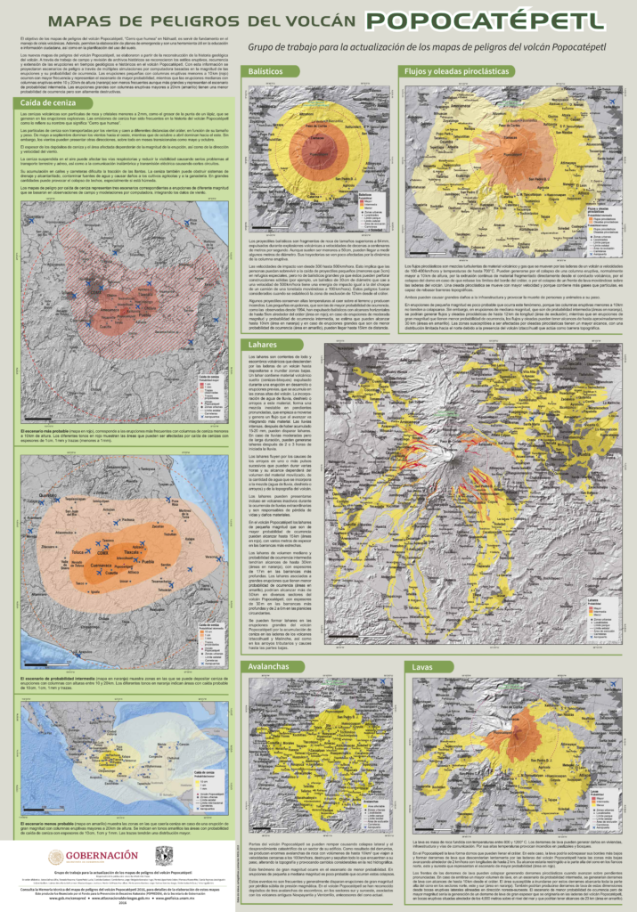 Mapa de 2016 de los peligros en los alrededores del volcán Popocatépetl.