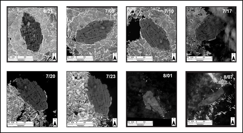 A series of eight black and white satellite images show the position of an ice island and adjacent sea ice between 21 June and 7 August 2012.
