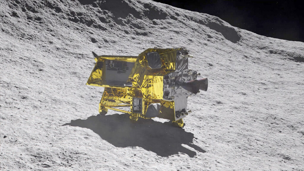 A gold-foiled lander sits on the slope of a lunar crater.