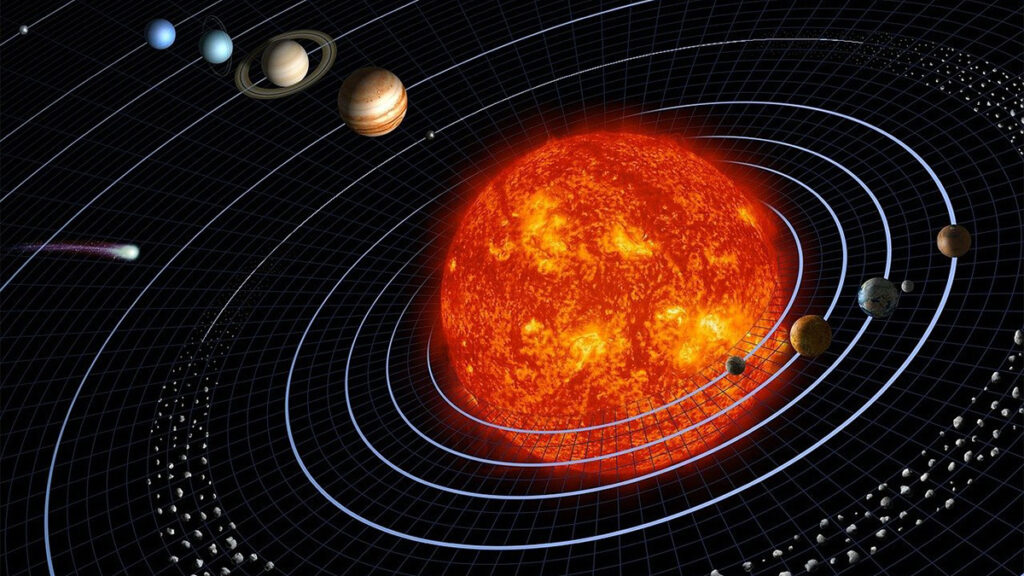 An illustration depicts our solar system, with the Sun at the center and other planets orbiting the Sun.