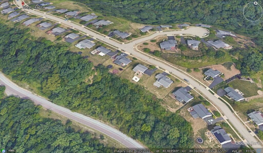 Google Earth image of the site of the Moon Township landslide in Pennsylvania, USA.