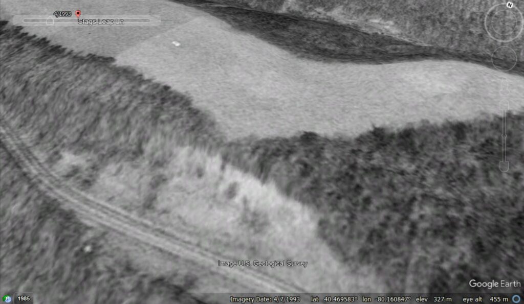 Google Earth image from 1993 showing the site of the Moon Township landslide in Pennsylvania, USA.
