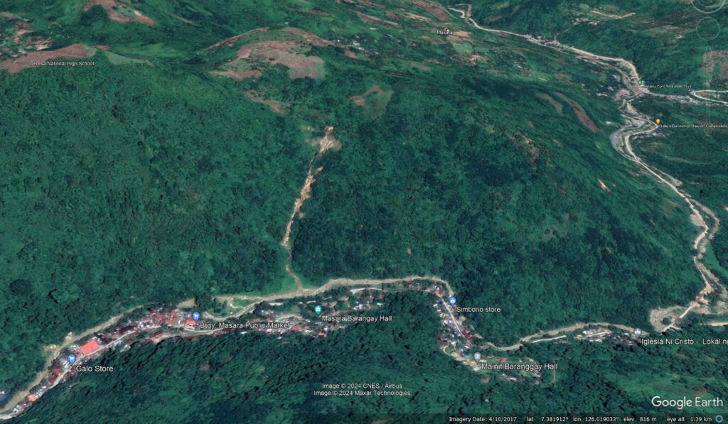 Google Earth image from April 2017 of the site of the 6 February 2024 landslide at Masara in the Philippines.