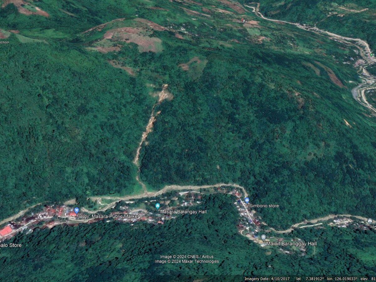 Google Earth image from April 2017 of the site of the 6 February 2024 landslide at Masara in the Philippines.