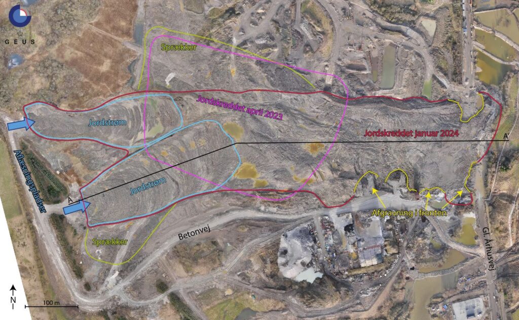 Mapping of the extent of the Nordic Waste landslide in April 2023 (purple outline) and January 2024 (red outline).