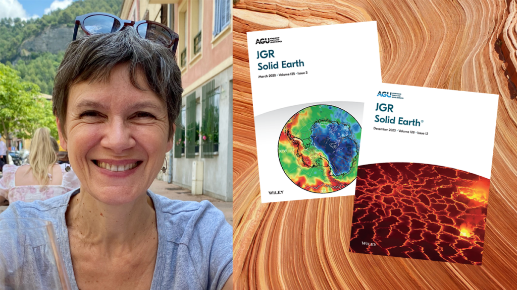 A photo of Isabelle Manighetti with 2 covers of JGR: Solid Earth.