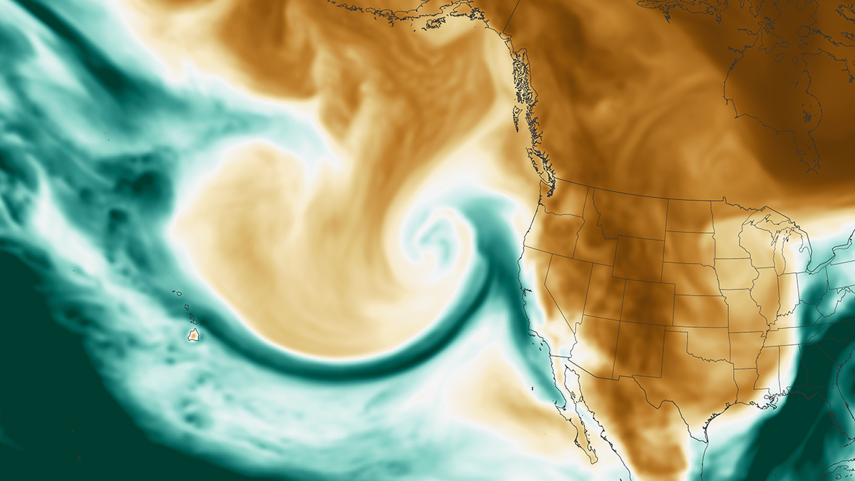 A satellite image shows a crescent of clouds (an atmospheric river) stretching from Hawaii to the coast of the U.S. Pacific Northwest.