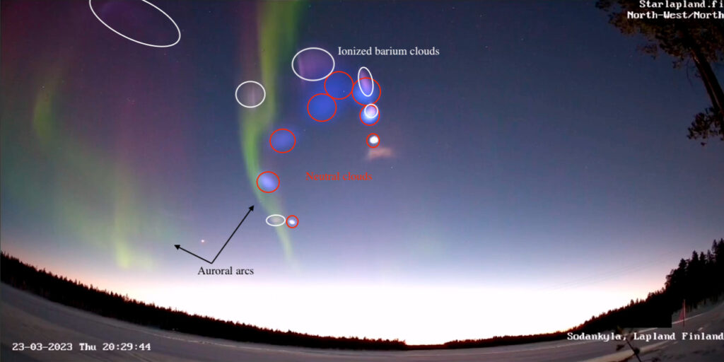Annotated video still frame with different auroral features in the night sky labeled.