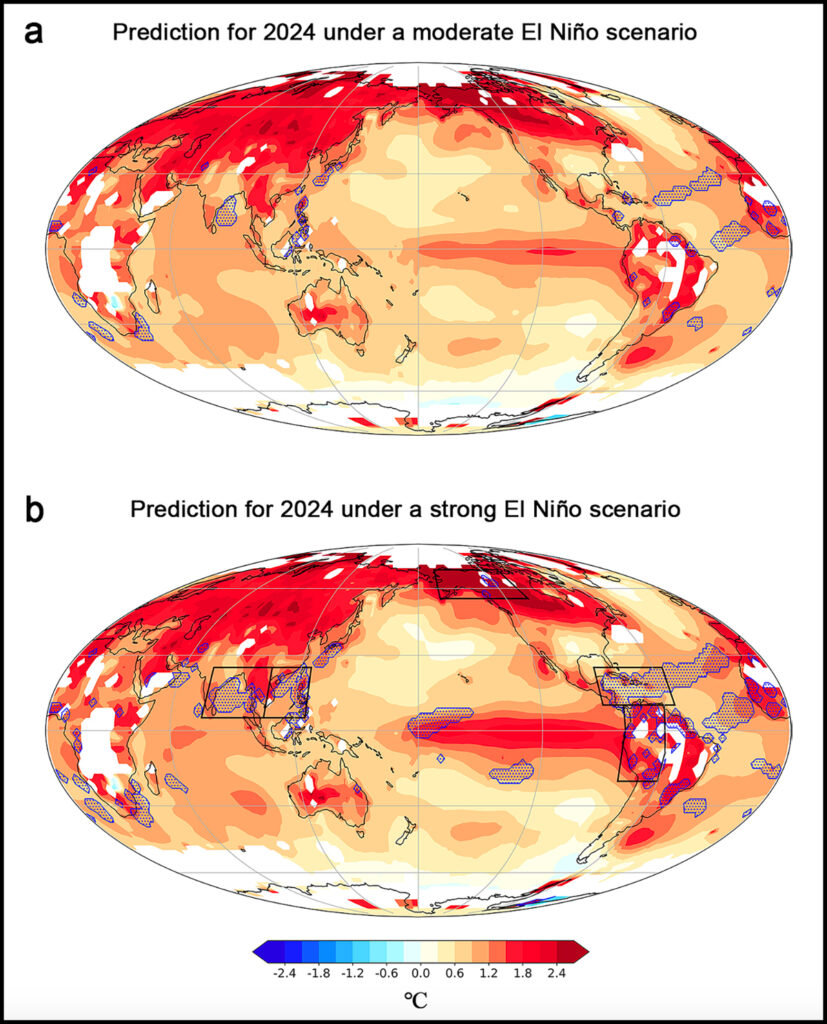 Two maps of the world show the predicted temperatures under moderate and strong El Niño scenarios. Areas shaded in blue (the Bay of Bengal, the South China Sea, the Caribbean Sea, Alaska, and the Amazon) show regions with expected record-breaking heating.