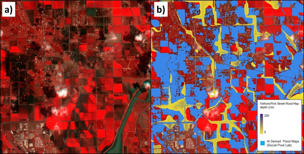 Side by side comparison showing flooding in Rio Grande Valley, Texas, as seen in (left) a satellite image and (right) an AI-produced flood extent map
