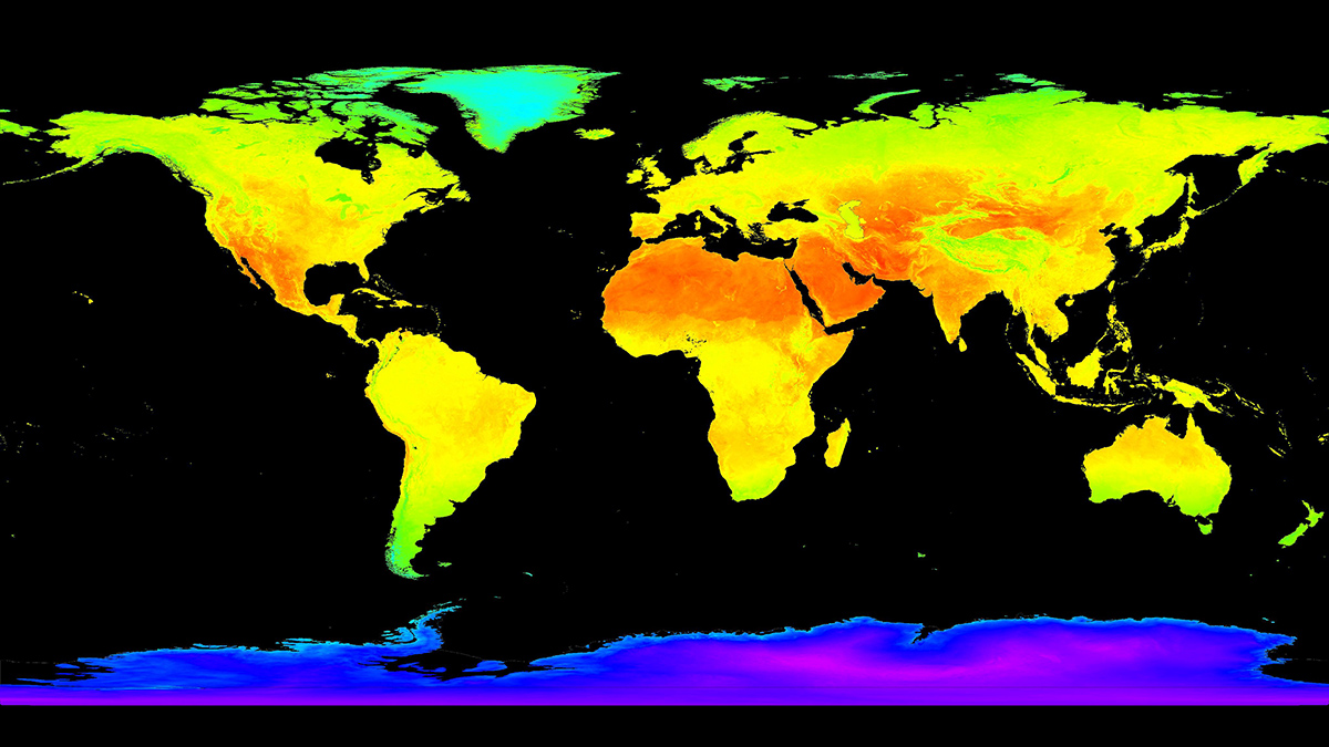Map of the world with the ocean appearing in black and land surfaces appearing in rainbow colors denoting land surface temperatures.