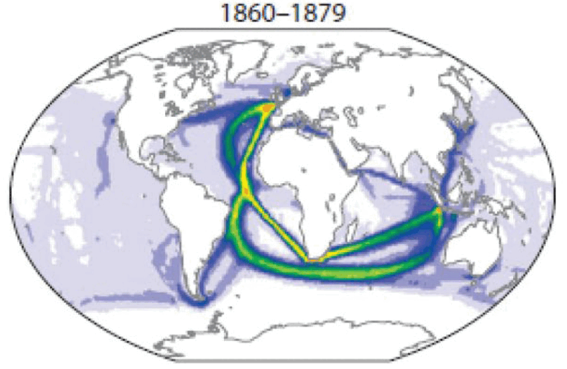 This animation shows a map of the world overlain with rainbow-colored points indicating the distribution of sea surface temperatures since 1860 in 20-year increments.