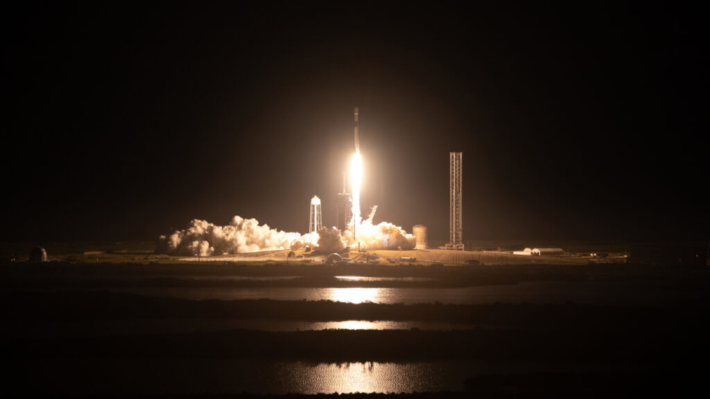 A rocket launching at night