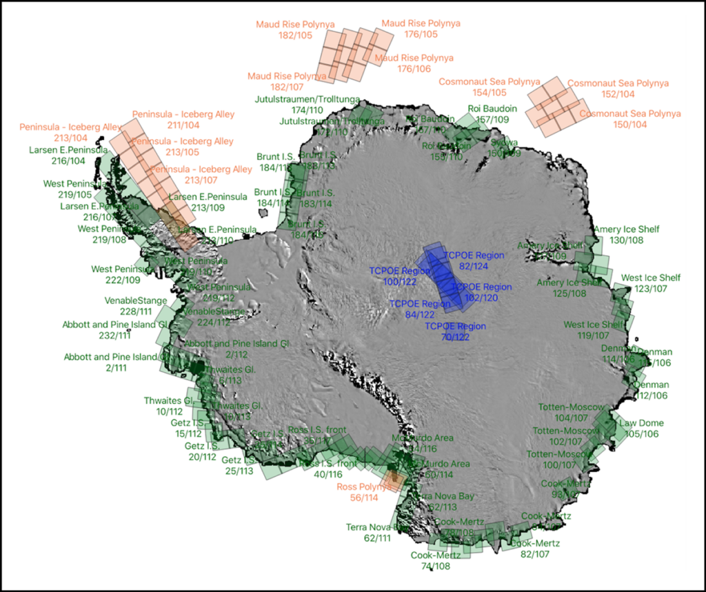 A figure shows Antarctica with small, labeled transparent blocks superimposed denoting areas where satellite imagery will be collected.