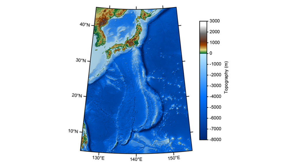 A map showing the elevations of land and ocean floor around the Mariana Trench, a subduction zone in the Pacific Ocean. The trench is shown by the lowest elevations of nearly 11,000 meters (36,000 feet) deep at the southern end.