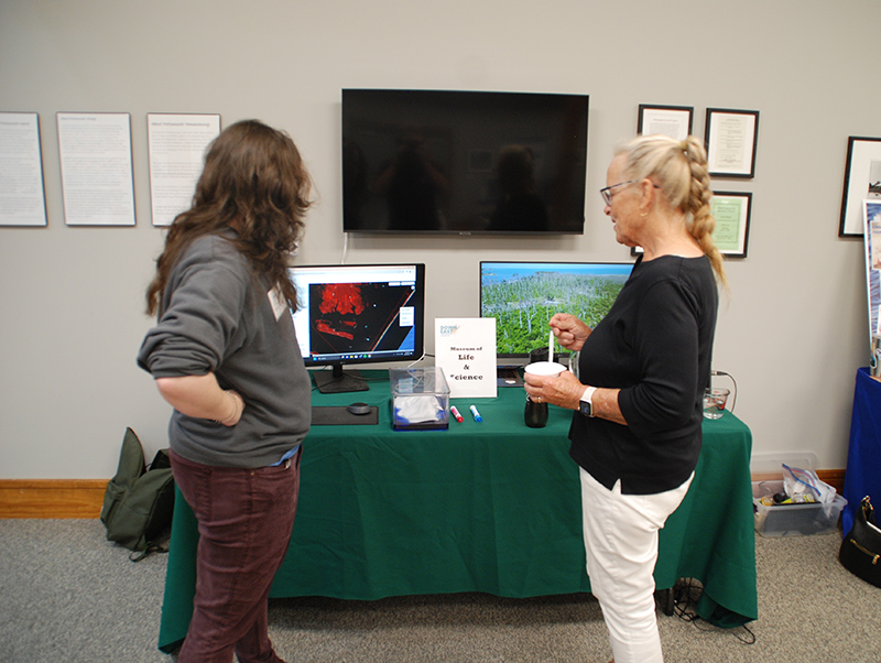 Two people stand in front of a table looking at a pair of computer monitors.