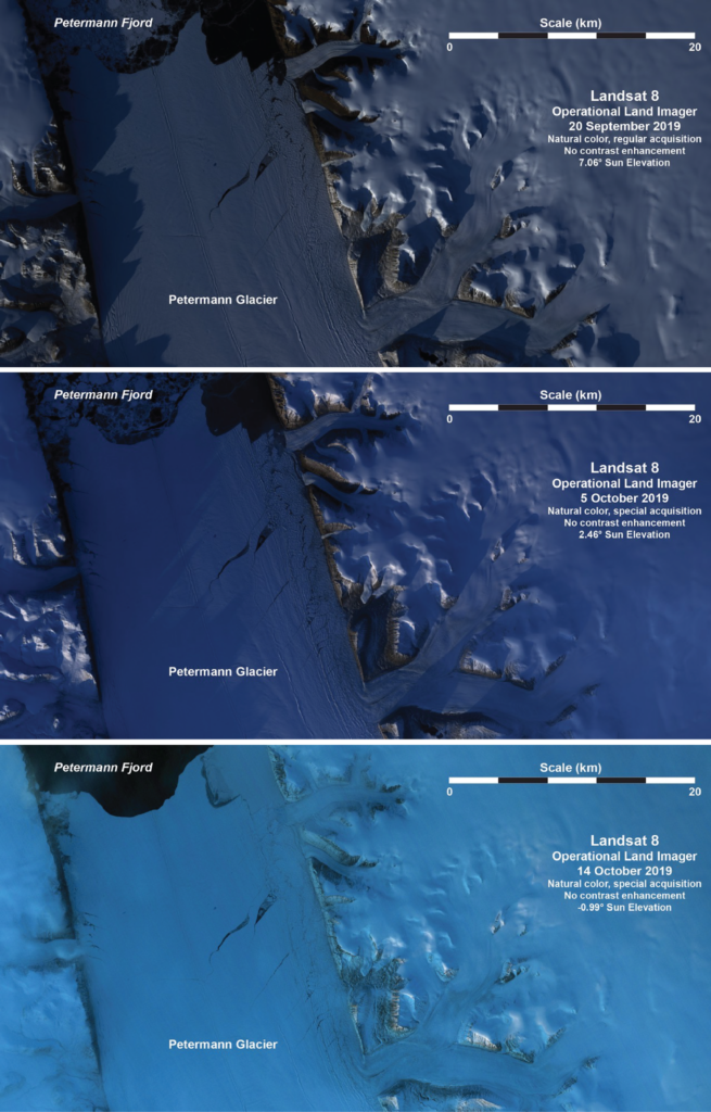 Series of three natural-color satellite images of a glacier and fjord, each taken at different solar elevation angles