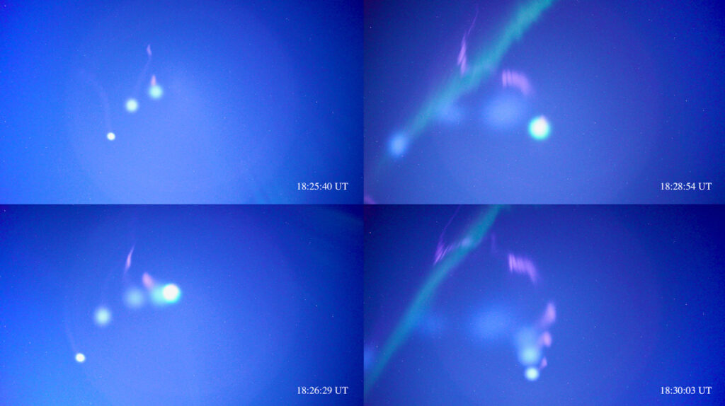 A sequence of four images showing auroral features in the night sky as they developed over a period of a few minutes during an atmospheric chemical release experiment.