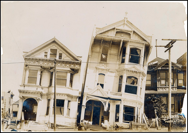 Two houses leaning after the 1906 San Francisco Earthquake