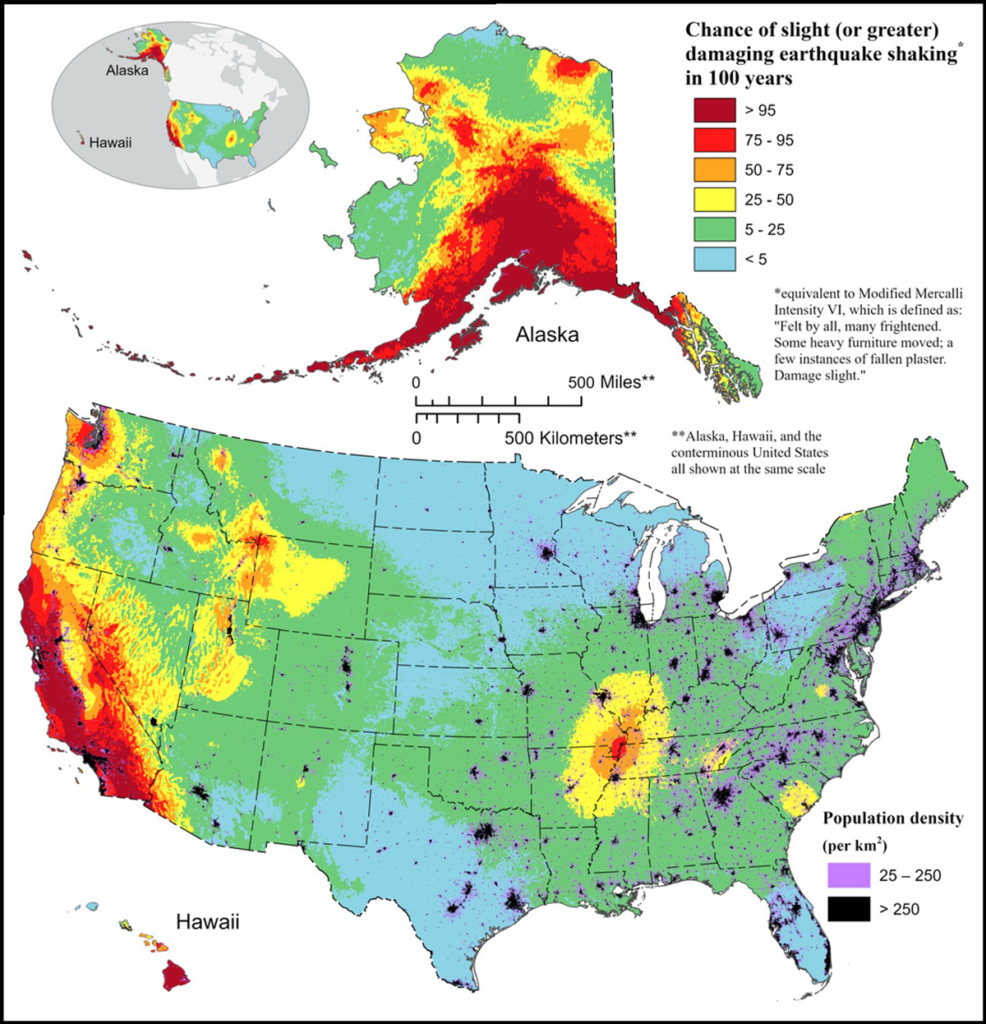 Map showing the likelihood of damaging earthquake shaking across the United States in the next 100 years