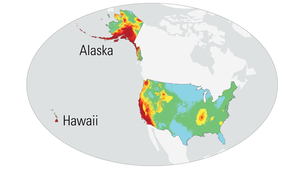 Map showing the likelihood of damaging earthquake shaking across the United States in the next 100 years sitting onto a globe.